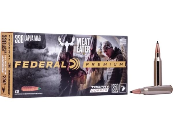 Federal Premium Meat Eater Ammunition 338 Lapua Magnum 250 Grain Trophy Copper Tipped Boat Tail Lead-Free 100 rounds