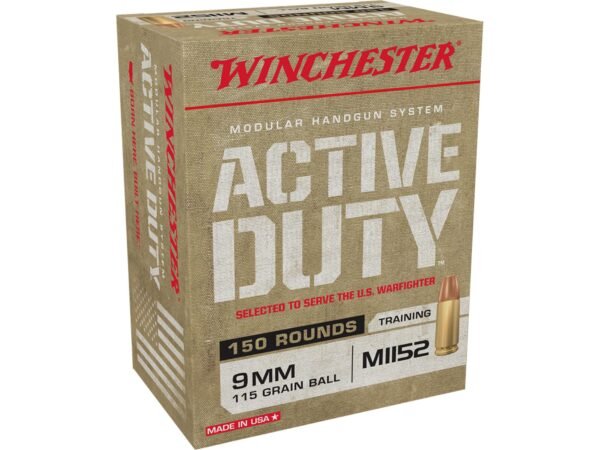 Winchester Active Duty MHS Ammunition 9mm M1152 115 Grain Full Metal Jacket Flat Nose