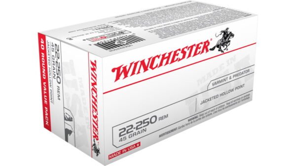 Winchester USA RIFLE .22-250 Remington 45 grain Jacketed Hollow Point Brass Cased 500 rounds